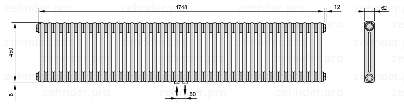 Схема (чертеж) Радиатор Zehnder Charleston 2045/38 №3470 Белый глянцевый RAL 9016